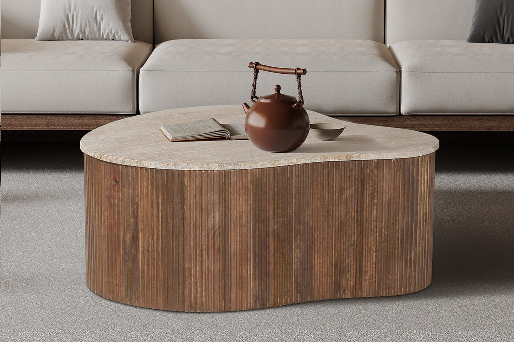 Rousseau Paul Salontafel – Mangohout & Travertin – Beige – L83 x B72 x H34 cm